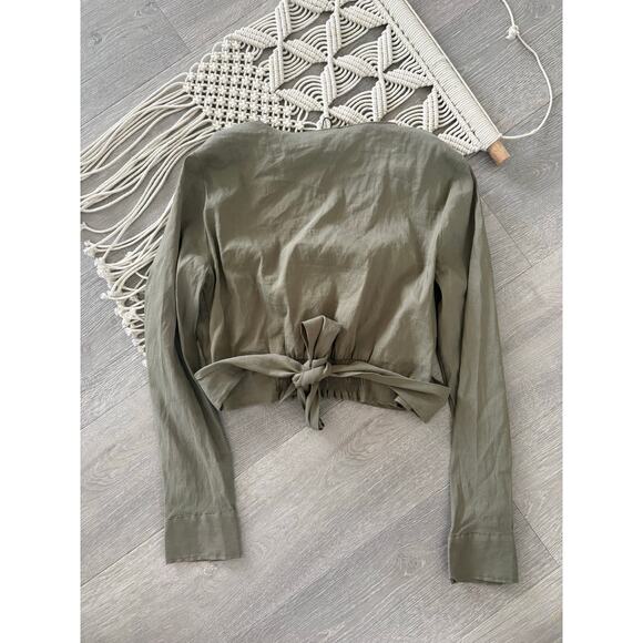 Zara Twist Front Linen Crop Top Large Olive Green Long Sleeve Tie Back Deep V - Picture 6 of 9